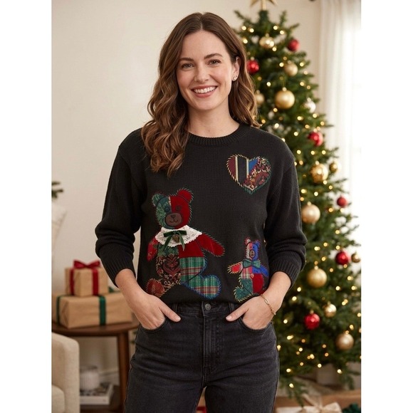 Susan Bristol Sweaters - Vintage Susan Bristol 1993 Teddy Bear Patchwork Sweater Black Ramie Cotton Med